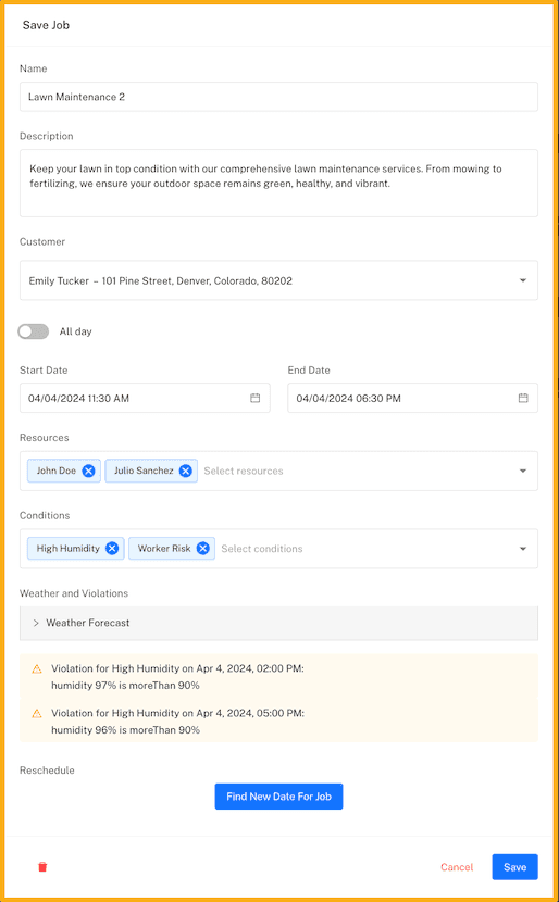 Detailed job view with hourly weather forecast and condition alerts