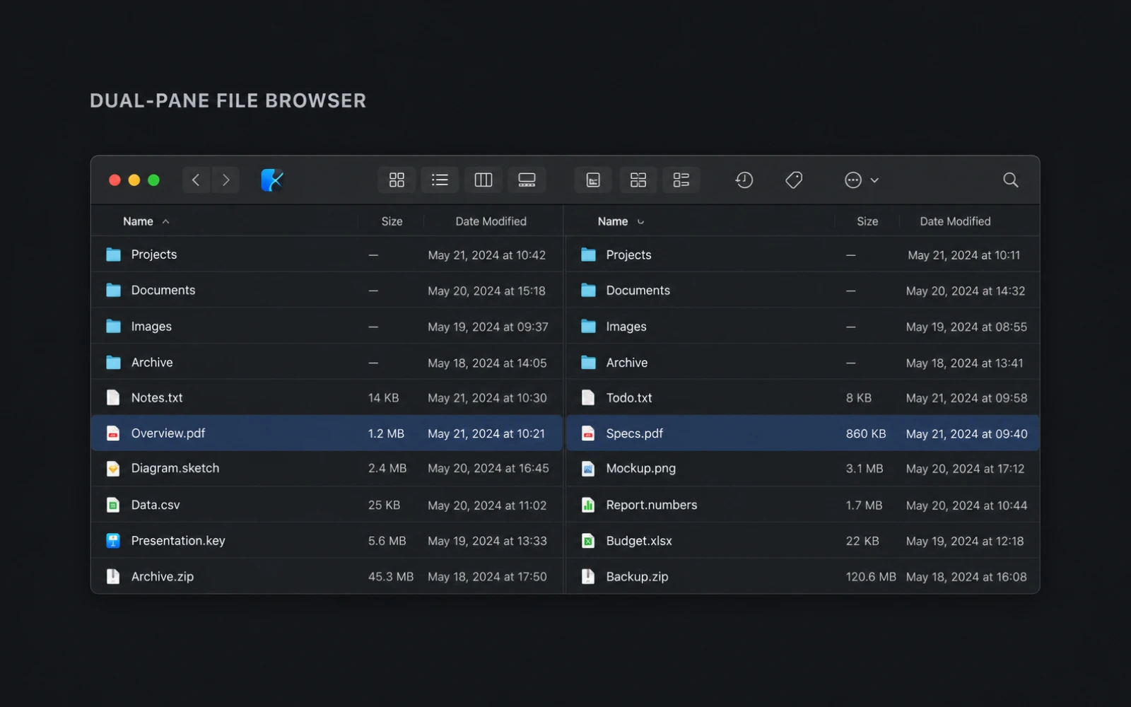 PathX dual-pane browser with example files